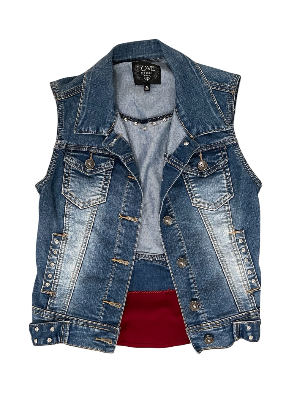 Love Culture Denim Jean Rhinestone Embellished Vest Size Small EUC